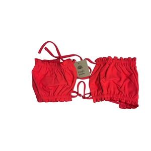 NWT Toast Signature Ruffle Bandeau Top, Open Front, Fire Coral Red, Ribbed, Sz M